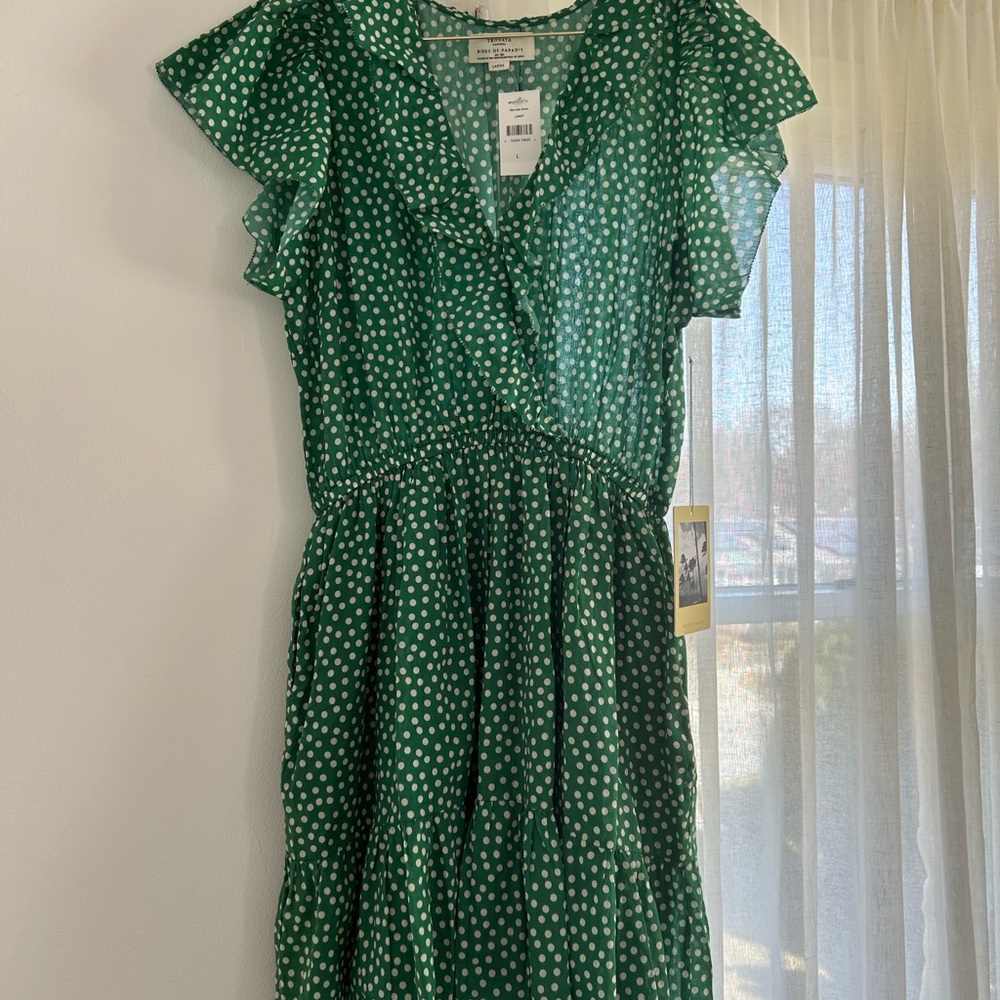 Trovata Green and White Polka Dot Ruffle Midi Dress